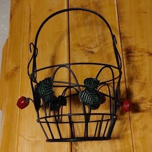 Vintage Black & Green Metal Wire Basket with leaves and apples